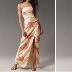 BHLDN AVIANNA STRAPLESS SIDE-SLIT STRETCH SATIN A-LINE MAXI DRESS butter lillies